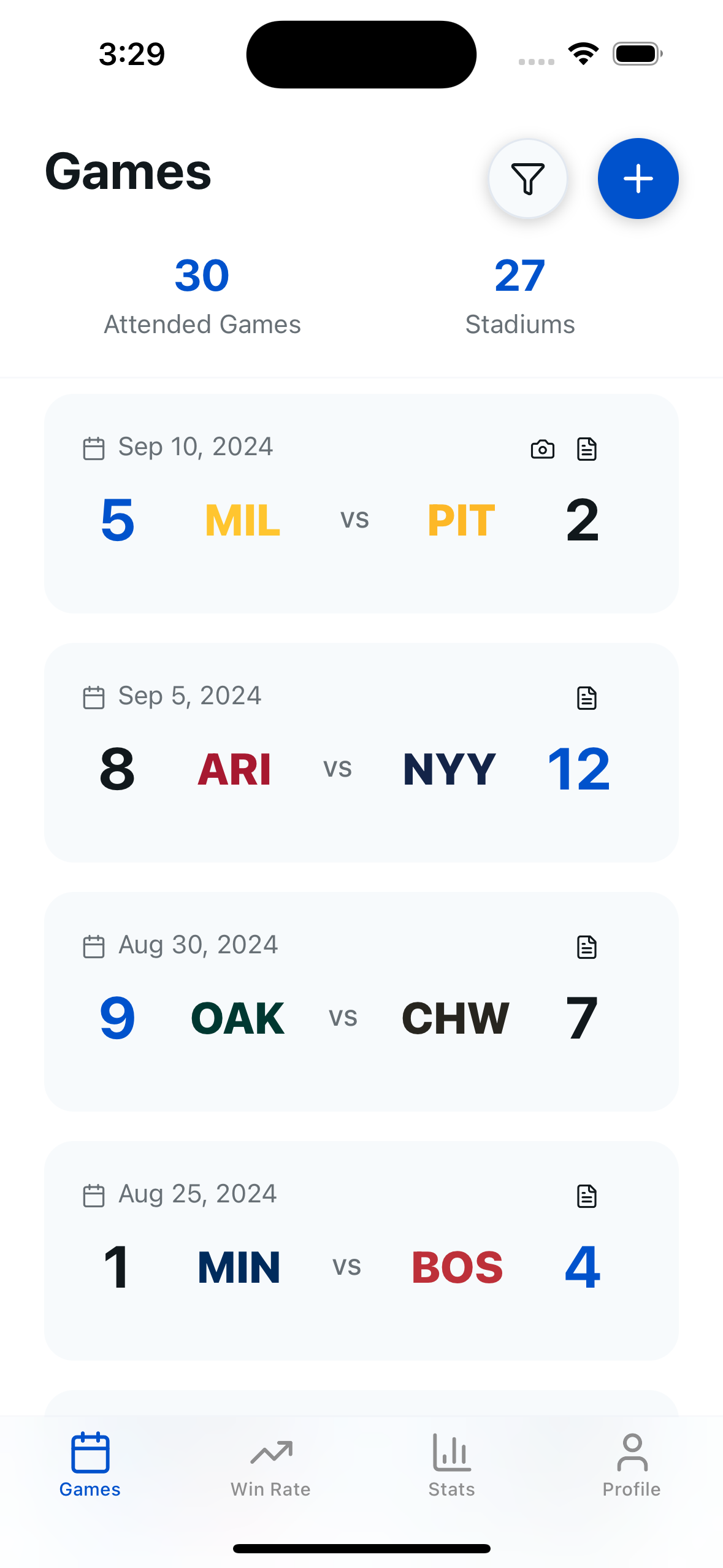 BallparkLog App Screenshot - My Game List