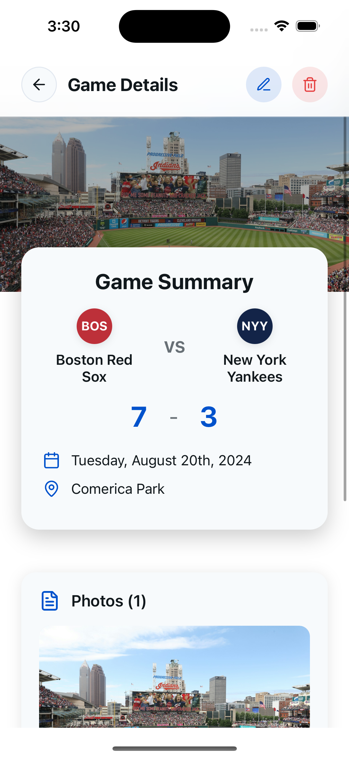 BallparkLog App Screenshot - Game Tracking Interface